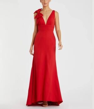 Mac Duggal Sleeveless V Neck Bow Detail Mermaid Red Gown Dress Sz 8 NWT 49454